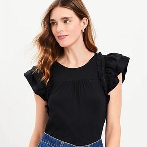 NWT Loft Tiered Ruffle Mixed Media Top Black Size Small
